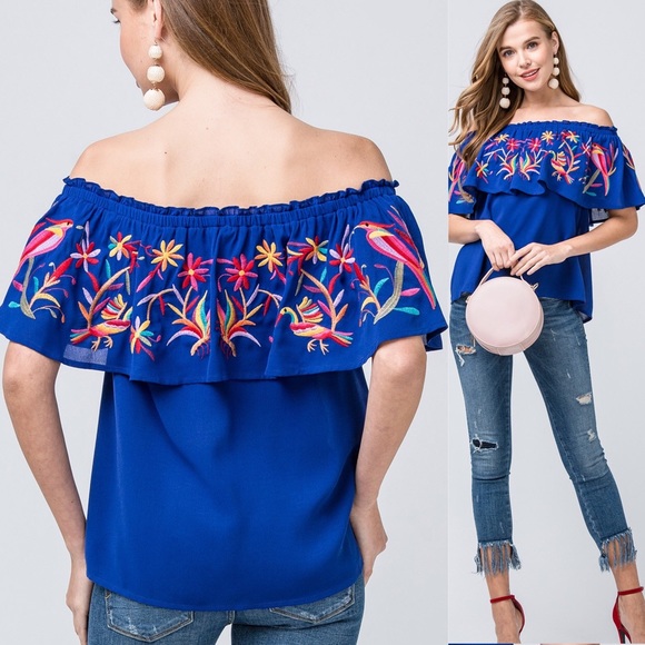 Embroidered Off Shoulder Ruffle Top | Royal Blue - Picture 3 of 5